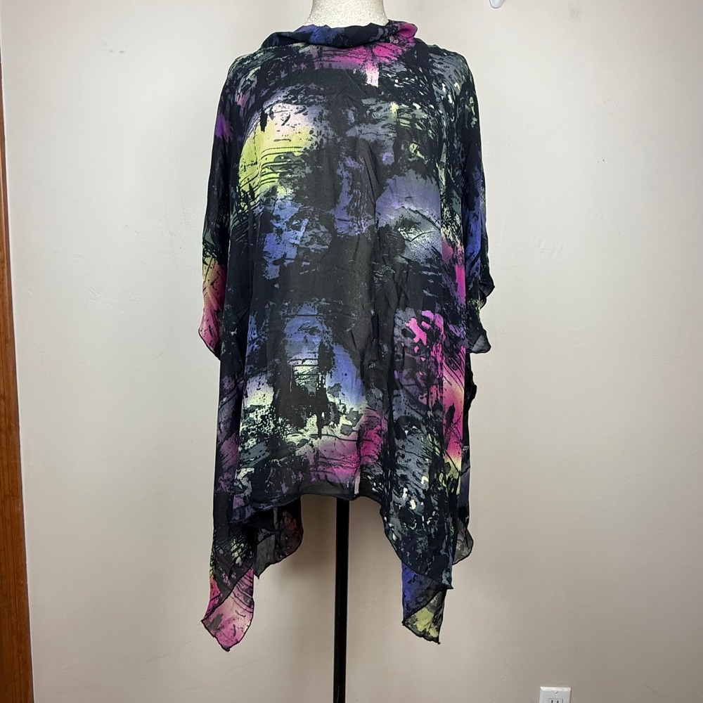 Carol Turner Poncho Topper Womens One Size Black Abstract Sheer Artsy Ethereal